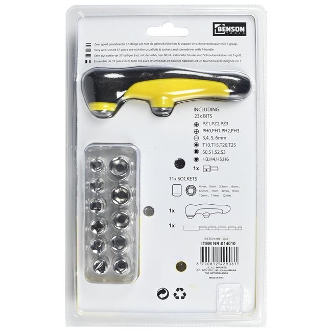 Benson 37-delige schroevendraaierset - T-greep - inclusief bits en doppen - veelzijdig en duurzaam