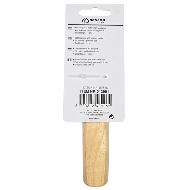 Benson Stijlvolle flessenopener met houten handvat - universeel - 14 cm