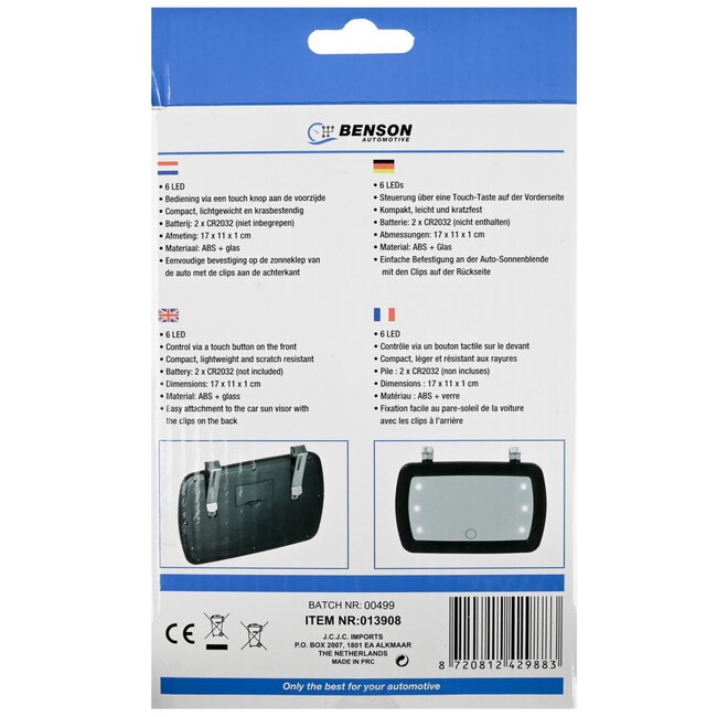 Benson Draagbare make-up spiegel - 6 LED - touch-knop - compact en krasbestendig - 17 x 11 cm