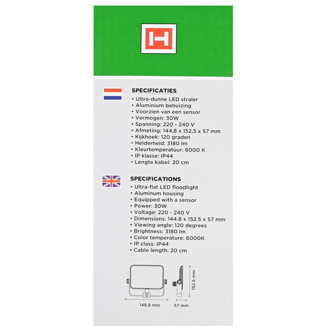 Hofftech Ultra-Flat Led Straler - 30 W - Bewegingssensor - IP44 - Energiezuinig - 6000K