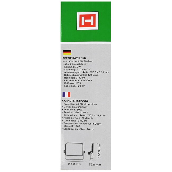 Hofftech Ultra-Flat Led Straler - 30 W - IP65 - Weerbestendig - 6000K - Aluminium Behuizing