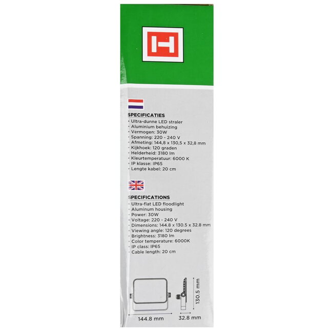 Hofftech Ultra-Flat Led Straler - 30 W - IP65 - Weerbestendig - 6000K - Aluminium Behuizing