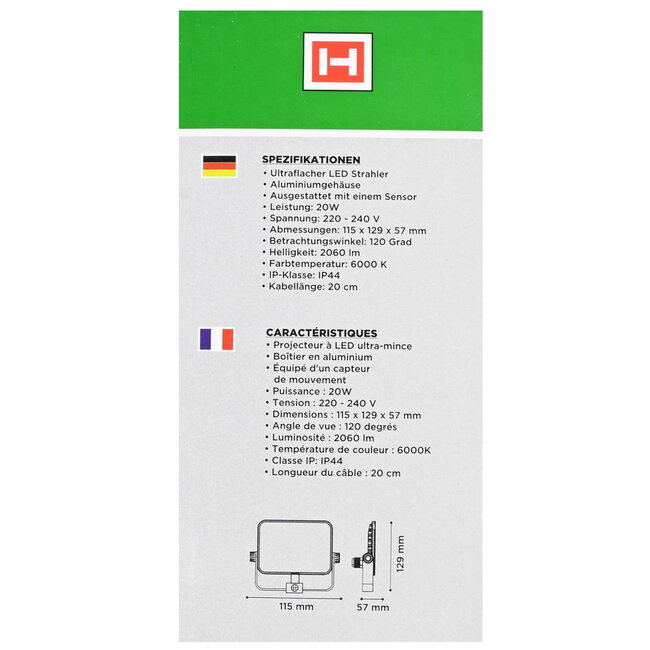 Hofftech Ultra-Flat Led Straler - 20 W - Met Sensor - IP44 - 6000K - Aluminium Behuizing