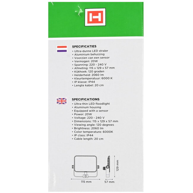 Hofftech Ultra-Flat Led Straler - 20 W - Met Sensor - IP44 - 6000K - Aluminium Behuizing