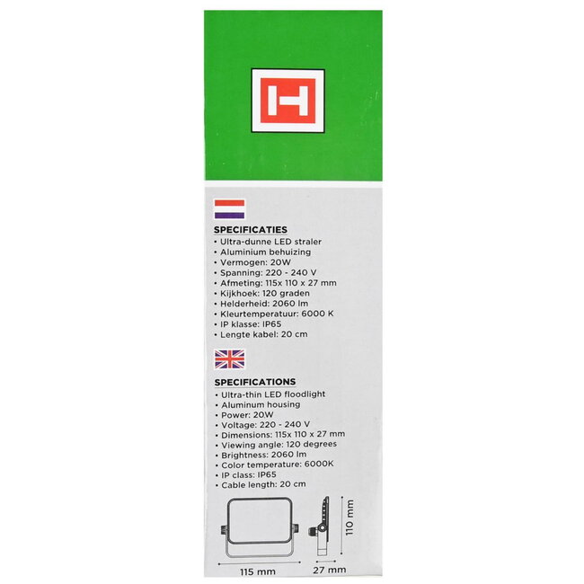 Hofftech Ultra-Flat Led Straler - Energiezuinig - Weerbestendig - 20 W - IP65