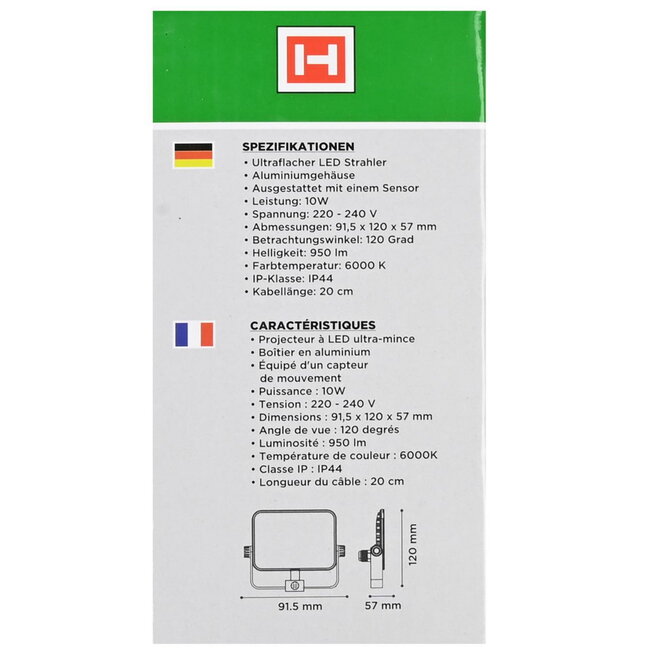 Hofftech Ultra-Flat LED straler - 10W - IP44 sensor - modern ontwerp - aluminium behuizing