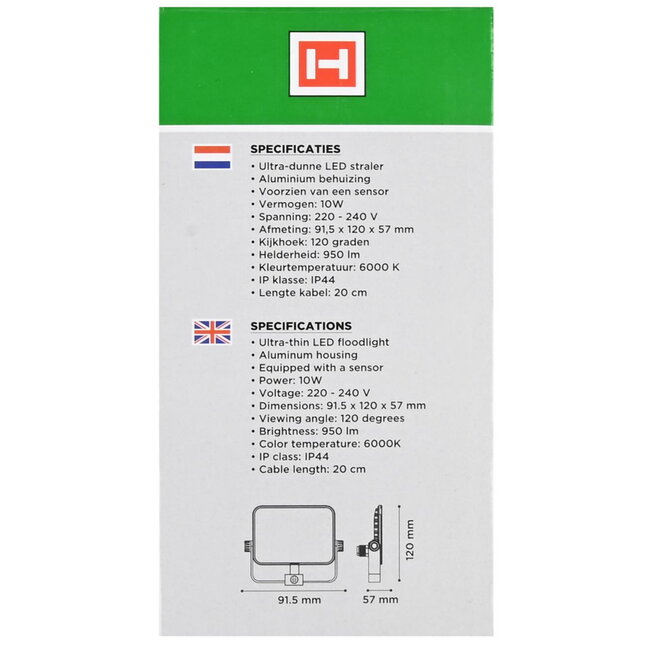 Hofftech Ultra-Flat LED straler - 10W - IP44 sensor - modern ontwerp - aluminium behuizing