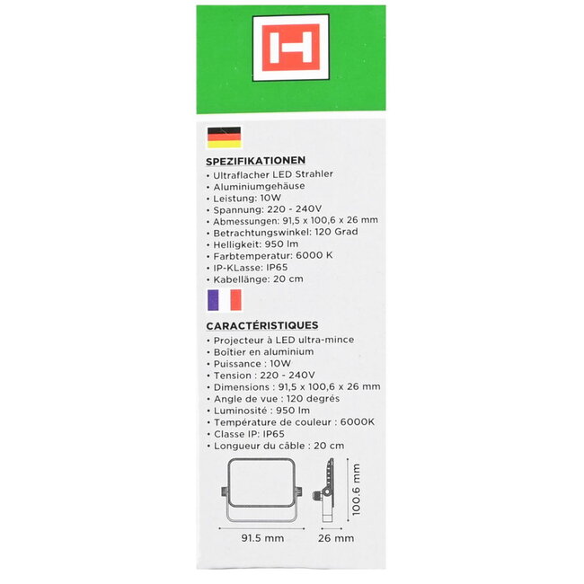 Hofftech Ultra platte led straler - krachtige verlichting - compact design - 10W - IP65 - koelwit 6000K