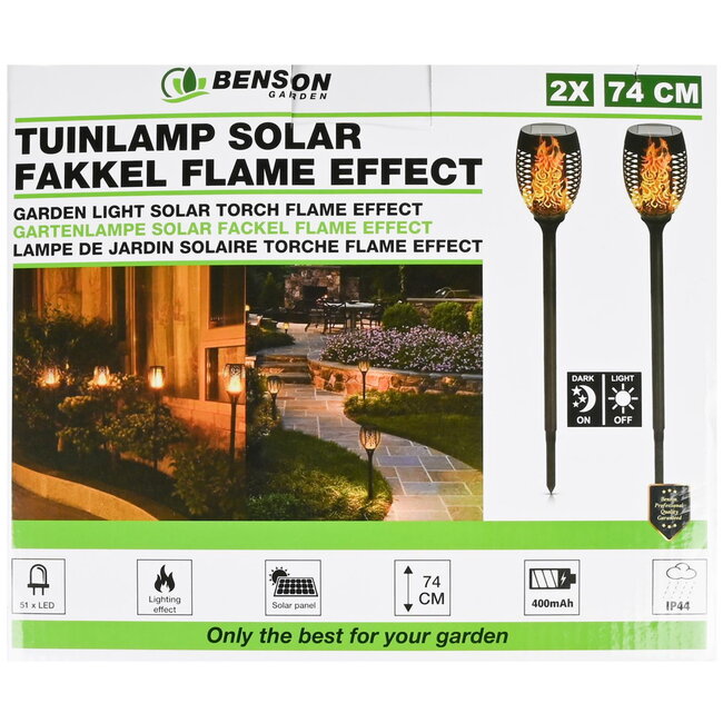 Benson Tuinlamp met vlameffect - Zonne-energie - Set van 2 - Ø 12 cm x 74 cm