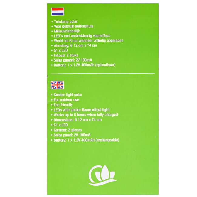 Benson Tuinlamp met vlameffect - Zonne-energie - Set van 2 - Ø 12 cm x 74 cm