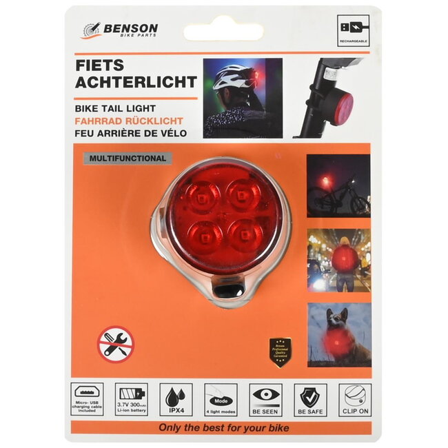 Benson Fietslamp - Helder Rood Licht - COB LEDs - USB Oplaadbaar - Inclusief Laadkabel