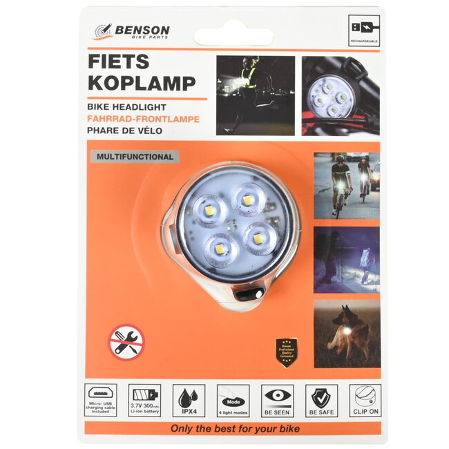 Benson Fietslamp - Helder Wit Licht - COB LEDs - USB Oplaadbaar - Lichtgewicht - Inclusief Clip
