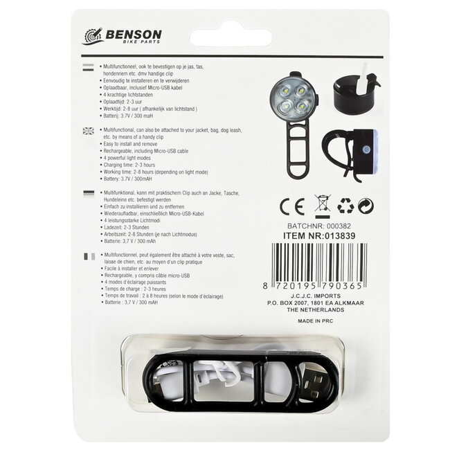 Benson Fietslamp - Helder Wit Licht - COB LEDs - USB Oplaadbaar - Lichtgewicht - Inclusief Clip