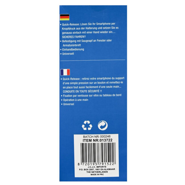 Benson Universele telefoonhouder - Quick Release - Zuignap - Zwart