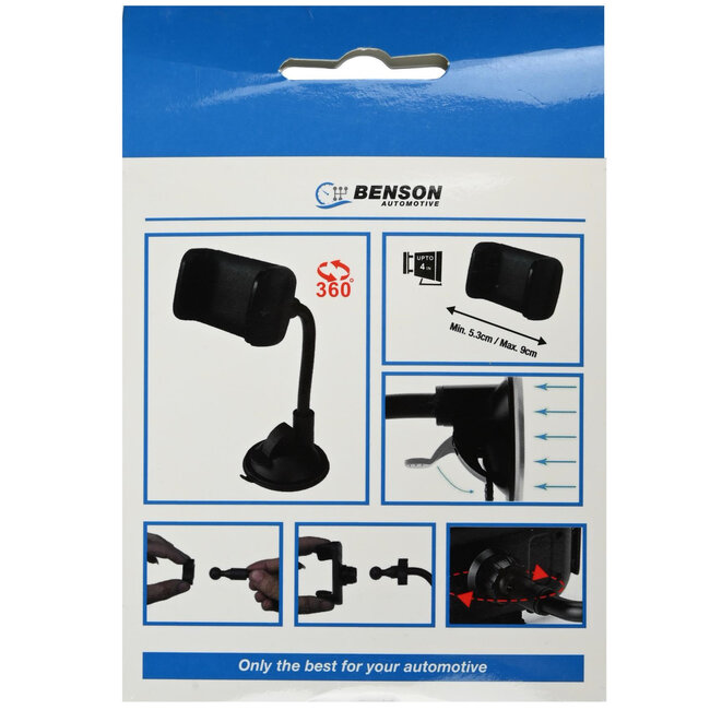 Benson Universele telefoonhouder - zuignap - handsfree - duurzaam ABS - compact - zwart - 6,5 x 24 cm