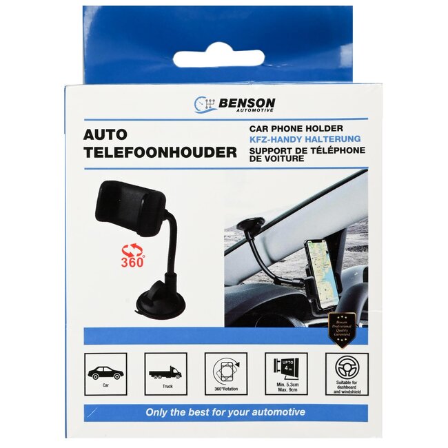Benson Universele telefoonhouder - zuignap - handsfree - duurzaam ABS - compact - zwart - 6,5 x 24 cm