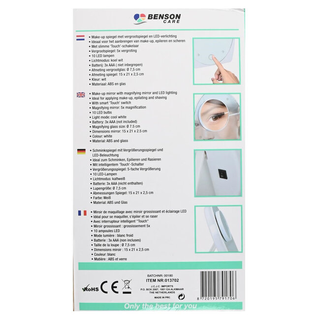 Benson Vergrotende make-up spiegel - 5x vergroting - Touch-schakelaar - Led-verlichting - Wit