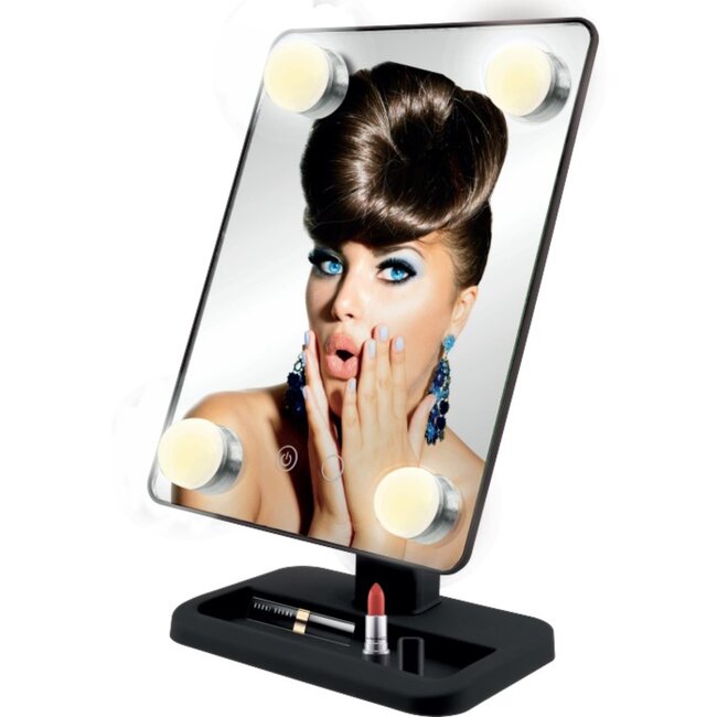 Benson Make-up spiegel - LED-verlichting - touch-schakelaar - 360° draaibaar - zwart - 30x18,5x12 cm