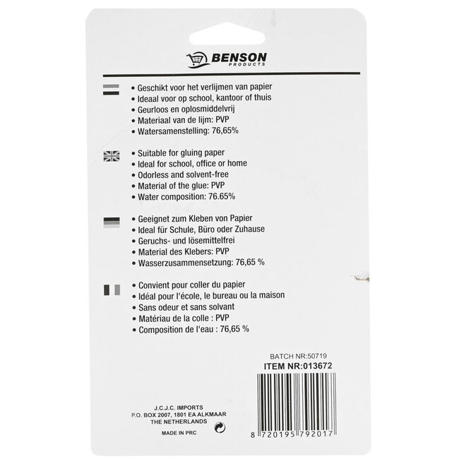 Benson Lijmstiften - Oplosmiddelvrij - Geschikt voor Papier, Karton en Foto's - 3 Stuks