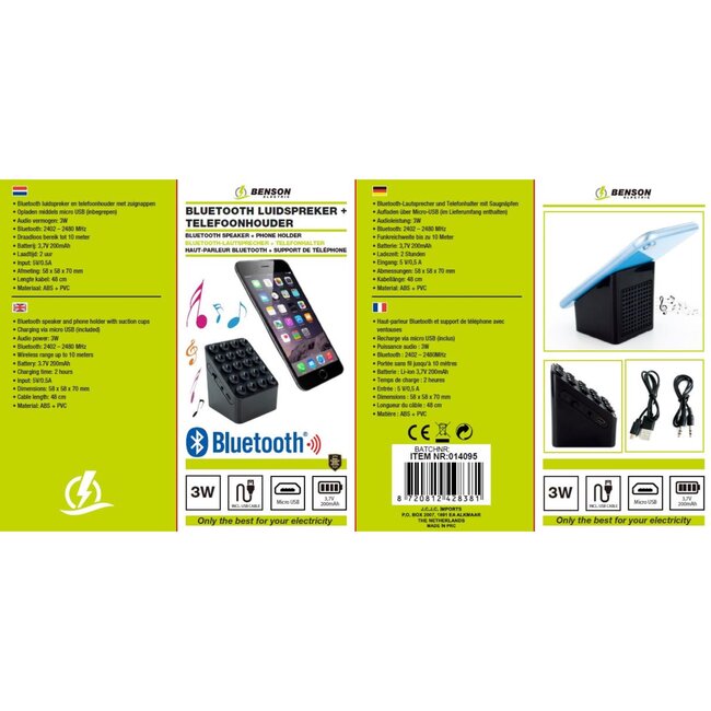 Benson Bluetooth luidspreker met telefoonhouder - 3W - 10m bereik - snelle laadtijd - compact - zwart