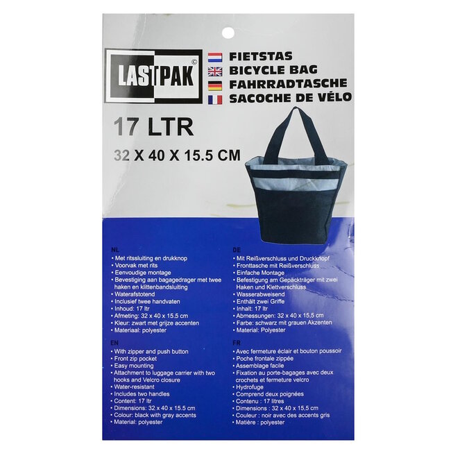 Lastpak Enkele fietstas - waterafstotend - ritssluiting en drukknop - 17 liter - zwart