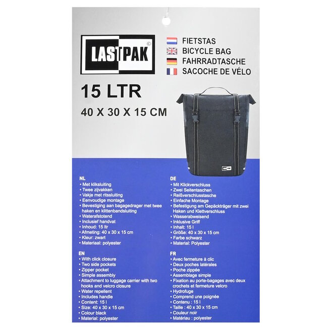 Lastpak Enkele fietstas - 15 liter - waterafstotend - zwart - met zijvakken en kliksluiting