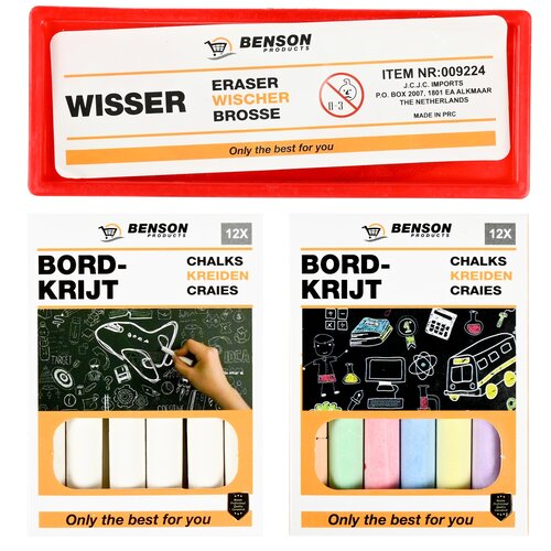 Benson Bordkrijtset - met Wisser - Kleurenmix Benson Bordkrijtset - met Wisser - Kleurenmix