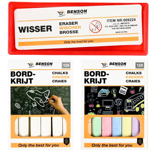 Benson Bordkrijtset - met wisser - kleurenmix - inclusief wit krijt