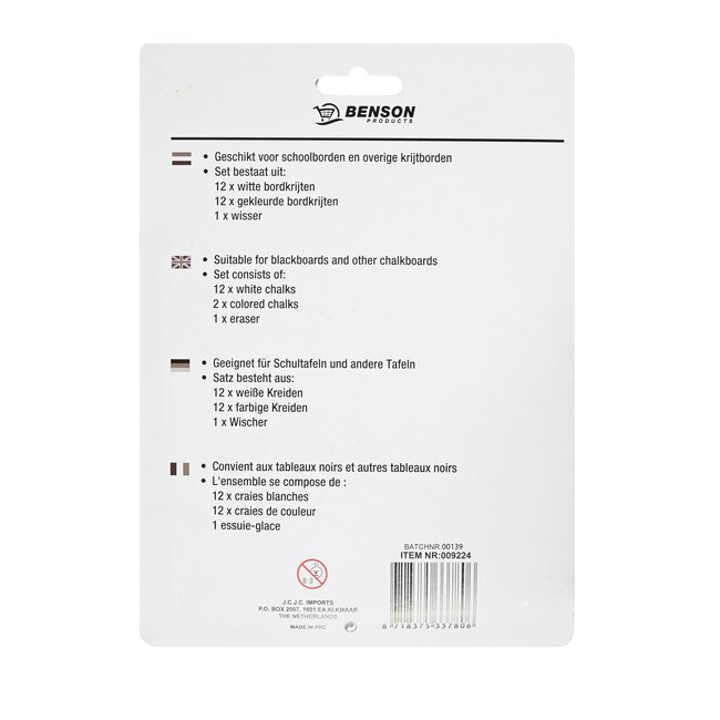 Benson Bordkrijtset - met wisser - kleurenmix - inclusief wit krijt