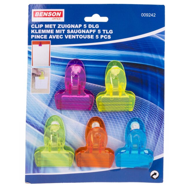 Benson Handige clip met zuignap - 5 stuks - meerkleurig - 5x4 cm