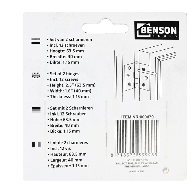 Benson Scharniersset - Vast Scharnierblad - Inclusief Schroeven - 64 x 35 mm - 14-delig