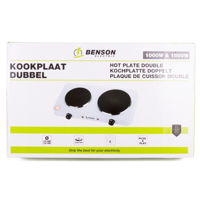 Benson Compacte elektrische kookplaat - 2 pits - gietijzer - 5 warmtestanden - 2500 watt - wit/zwart