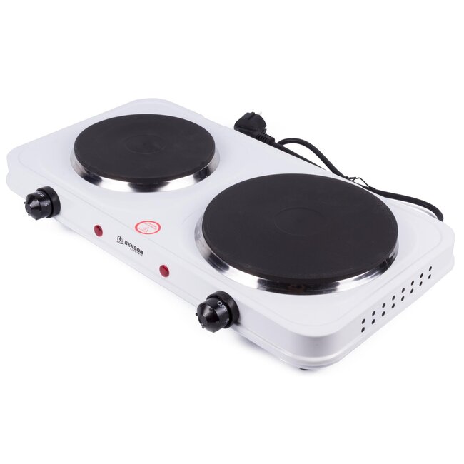 Benson Compacte elektrische kookplaat - 2 pits - gietijzer - 5 warmtestanden - 2500 watt - wit/zwart