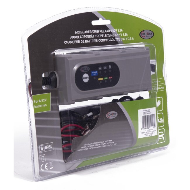 Hofftech Slimme druppellader - 6V/12V - 0.8-3.8A - IP65 - 5-fasen oplaadsysteem - wintermodus