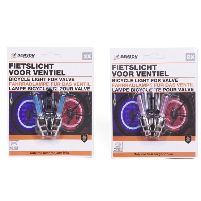 Benson Fietslicht set voor ventiel - blauw/roze - 2-delig - waterafstotend - automatische verlichting