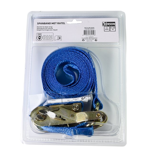 Benson Spanband - 500 kg - EN-Norm - 4.5 meter - Ratel met haken - Duurzaam en betrouwbaar