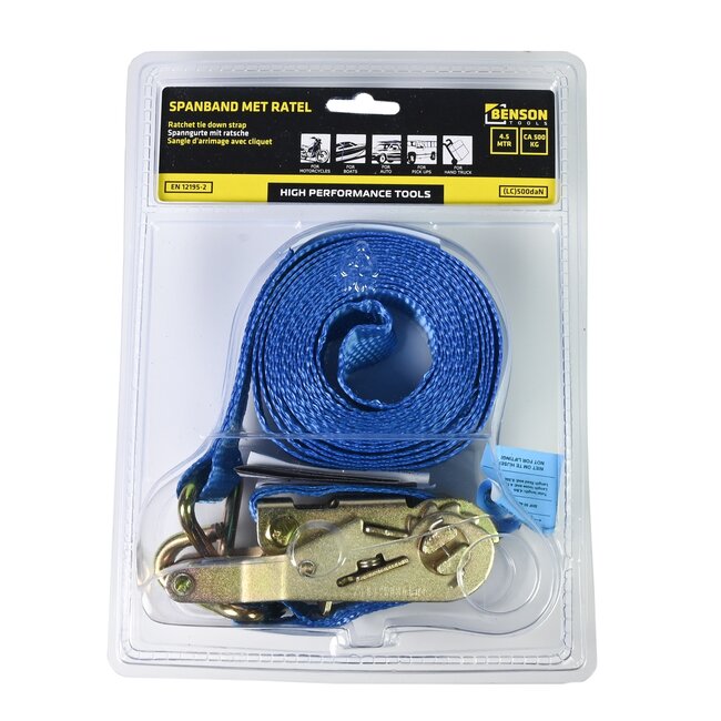 Benson Spanband - 500 kg - EN-Norm - 4.5 meter - Ratel met haken - Duurzaam en betrouwbaar