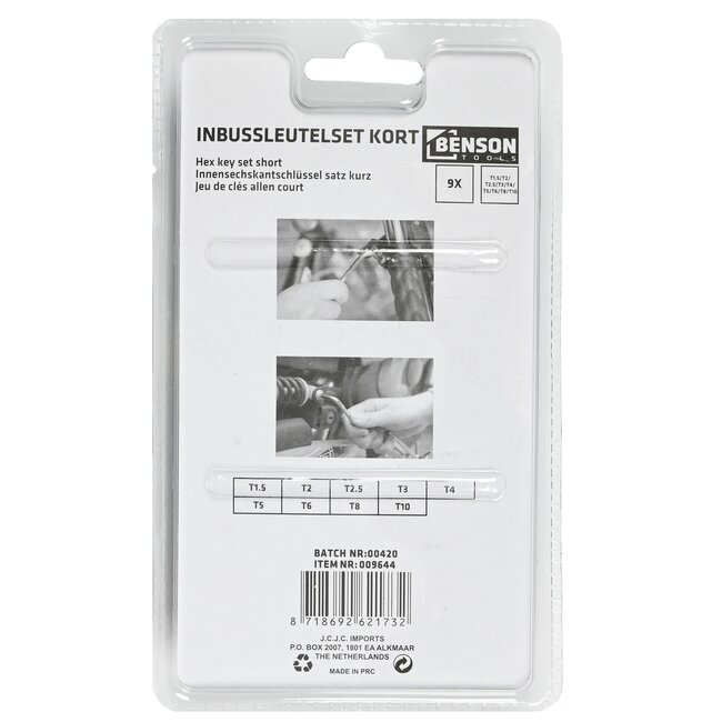 Benson Professionele inbussleutelset - kort - 9 delig - staal - 1.5-10 mm