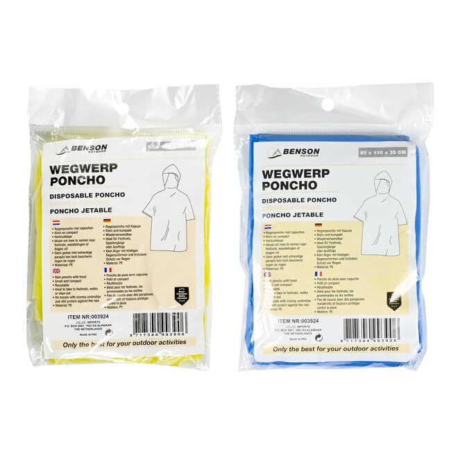 Benson Wegwerp regenponcho's - transparant - met muts - 30 stuks - geel en blauw