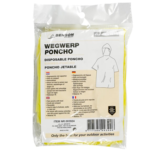 Benson Wegwerp regenponcho - transparant - met muts - 20 stuks - geel & blauw
