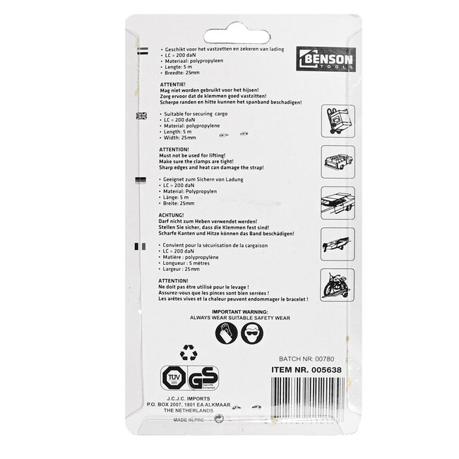 Benson Spanband met snelsluiting - 5 meter - rood/zwart - hoogwaardig nylon - TüV/GS keurmerk