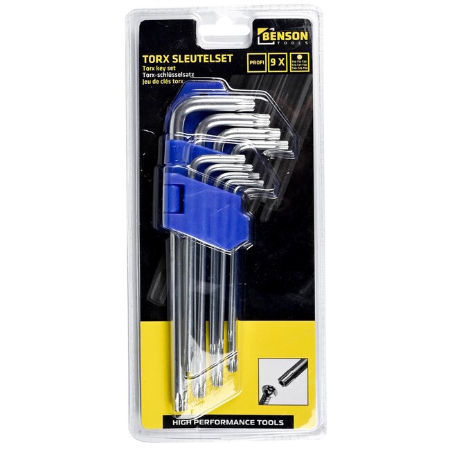 Benson Set lange Torx sleutels - 9-delig - met gat - T10 tot T50