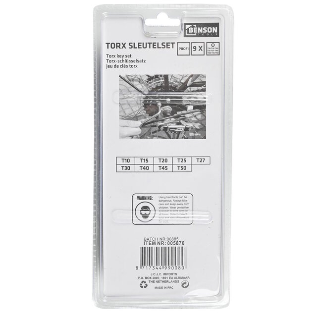 Benson Set lange Torx sleutels - 9-delig - met gat - T10 tot T50