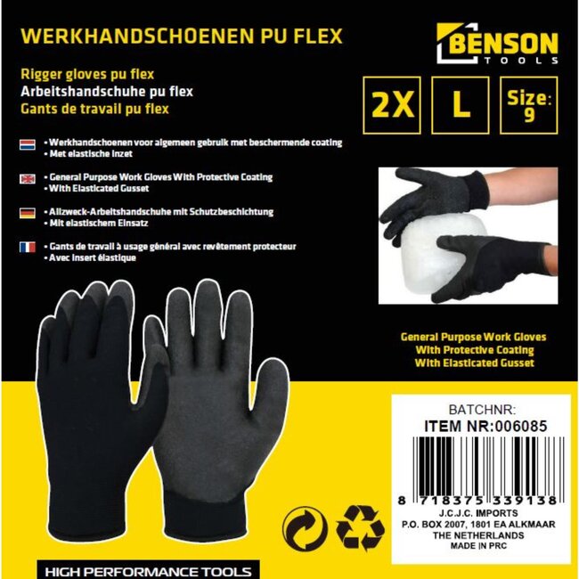 Benson Werkhandschoenen - PU Flex Nylon - Extra Grip - Maat 9 - Zwart