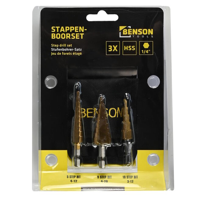 Benson Stappenboor set - HSS titanium - 3 delig - 4-20 mm, 4-12 mm, 3-12 mm