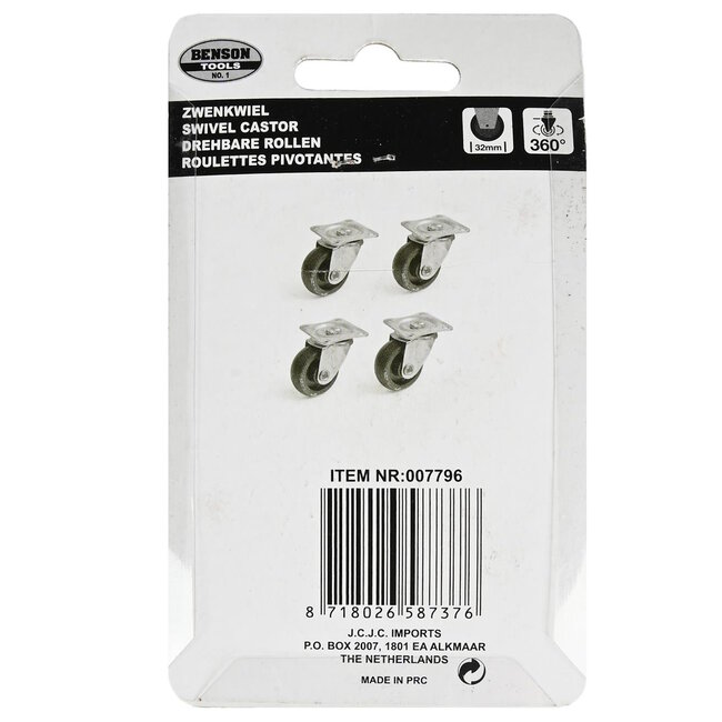 Benson Zwenkwiel set - Ø 32 mm - 20 kg draagvermogen - zwart - 4 stuks