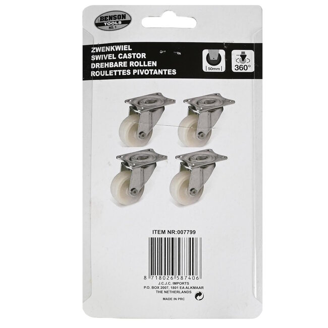 Benson Set van 4 zwenkwielen - 50 mm - wit - draagvermogen 30 kg