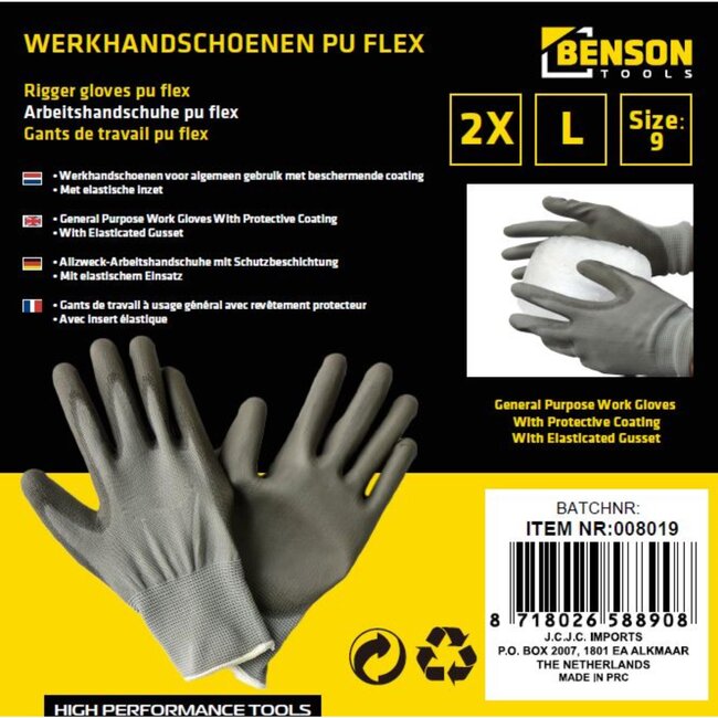 Benson Werkhandschoen - PU Flex - Grijs - Comfortabel en Slijtvast - 1 Paar