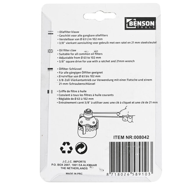 Benson Verstelbare oliefiltersleutel - 3-armig klauwmodel - Ø 63-102 mm