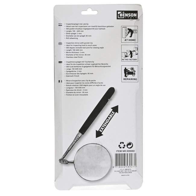 Benson Telescopische inspectiespiegel - Ø 85 mm - Dubbel kogelgewricht - Antislip handvat - Zilver